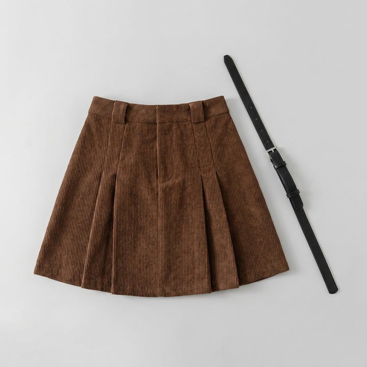 Belgravia corduroy pleated mini skirt product flat-lay with belt