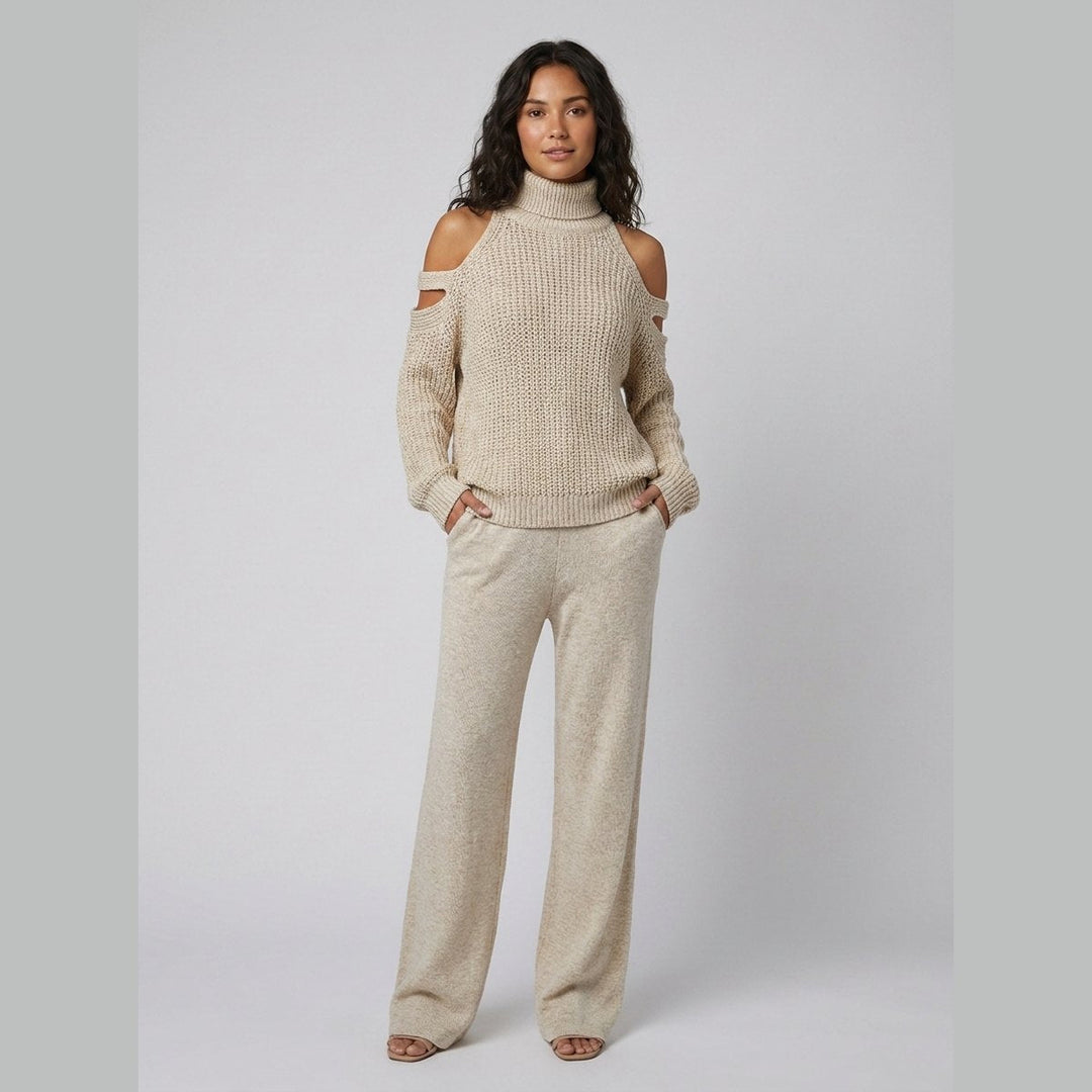 Bella knit set cold-shoulder turtleneck wide-leg pants - beige