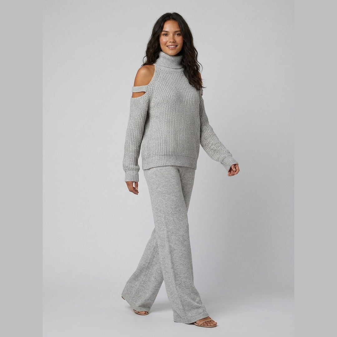 Bella knit set cold-shoulder turtleneck wide-leg pants - gray