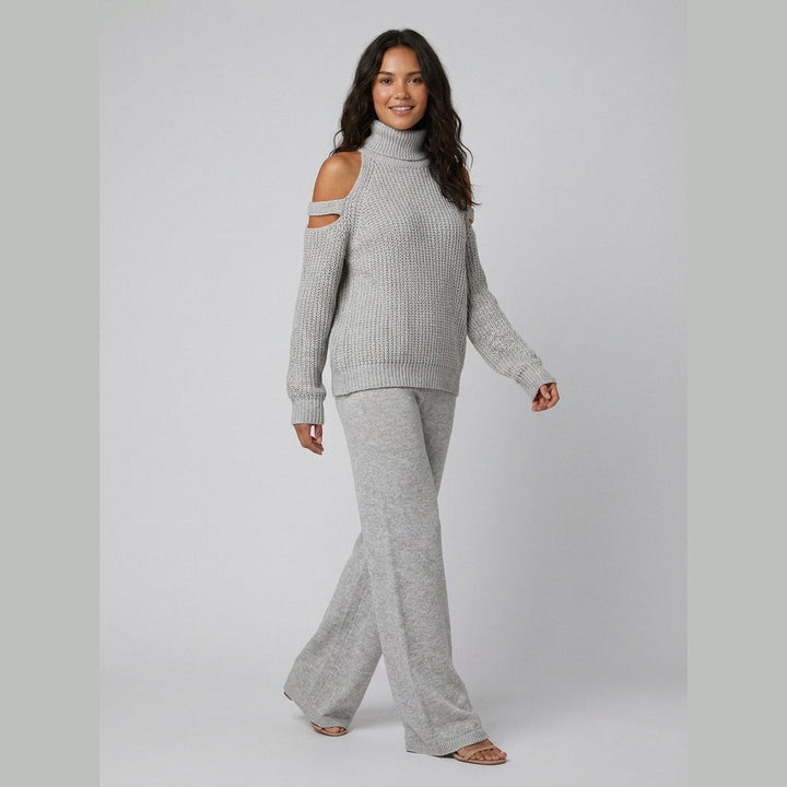 Bella knit set cold-shoulder turtleneck wide-leg pants - gray