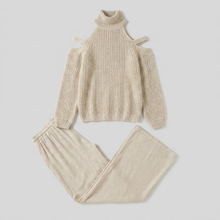 Bella knit set cold-shoulder turtleneck wide-leg pants - product flat lay