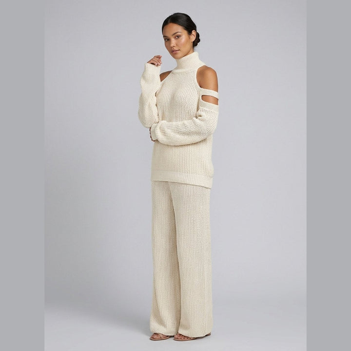 Bella knit set cold-shoulder turtleneck wide-leg pants - white