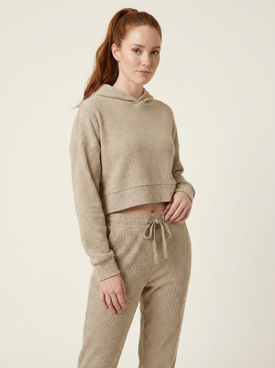 Bernie Corduroy Comfy Set oatmeal khaki ribbed cropped hoodie and joggers
