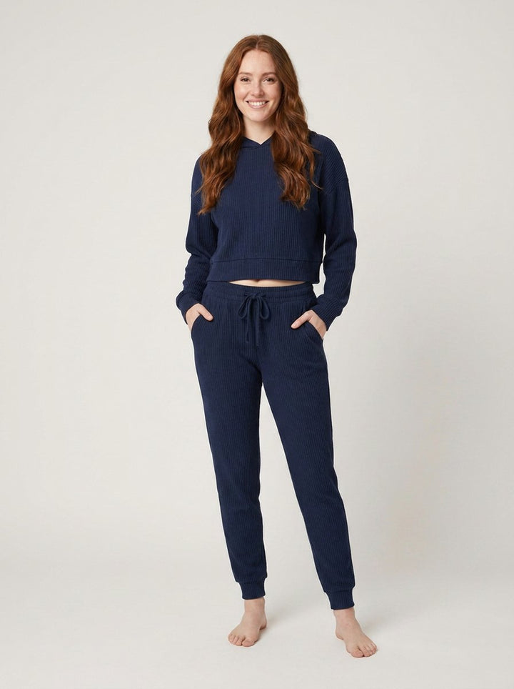 Bernie Corduroy Comfy Set navy ribbed cropped hoodie and joggers