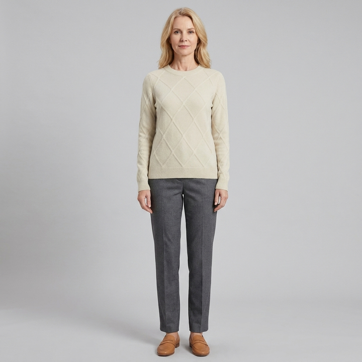 Beige round-neck cashmere-blend sweater, front view on model