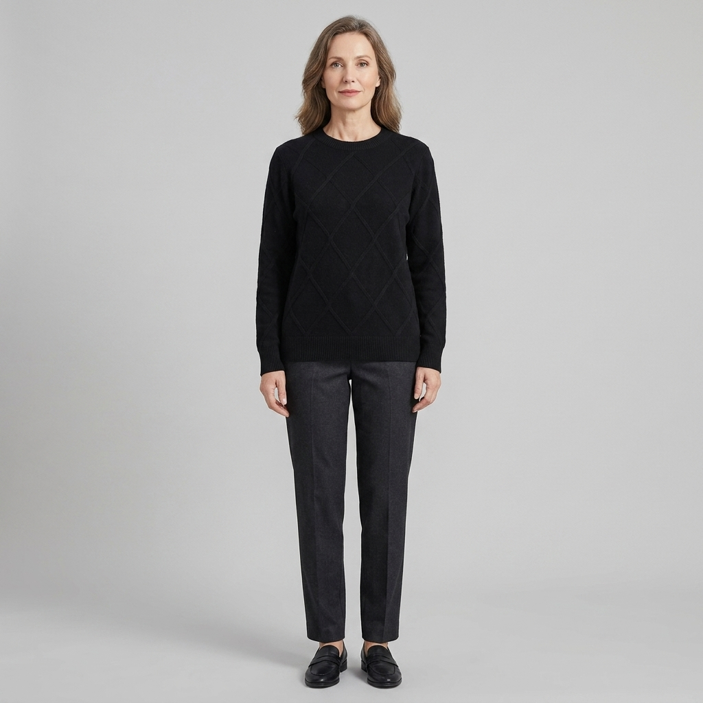 Black round-neck cashmere-blend sweater, front view on model