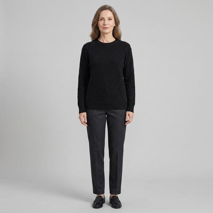 Black round-neck cashmere-blend sweater, front view on model