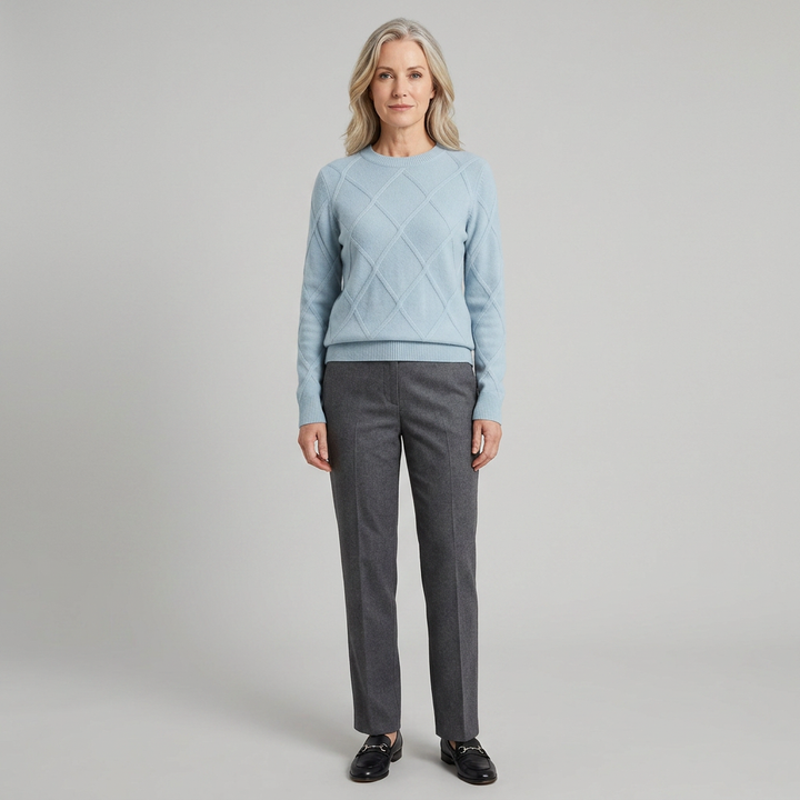 Blue round-neck cashmere-blend sweater, front view on model