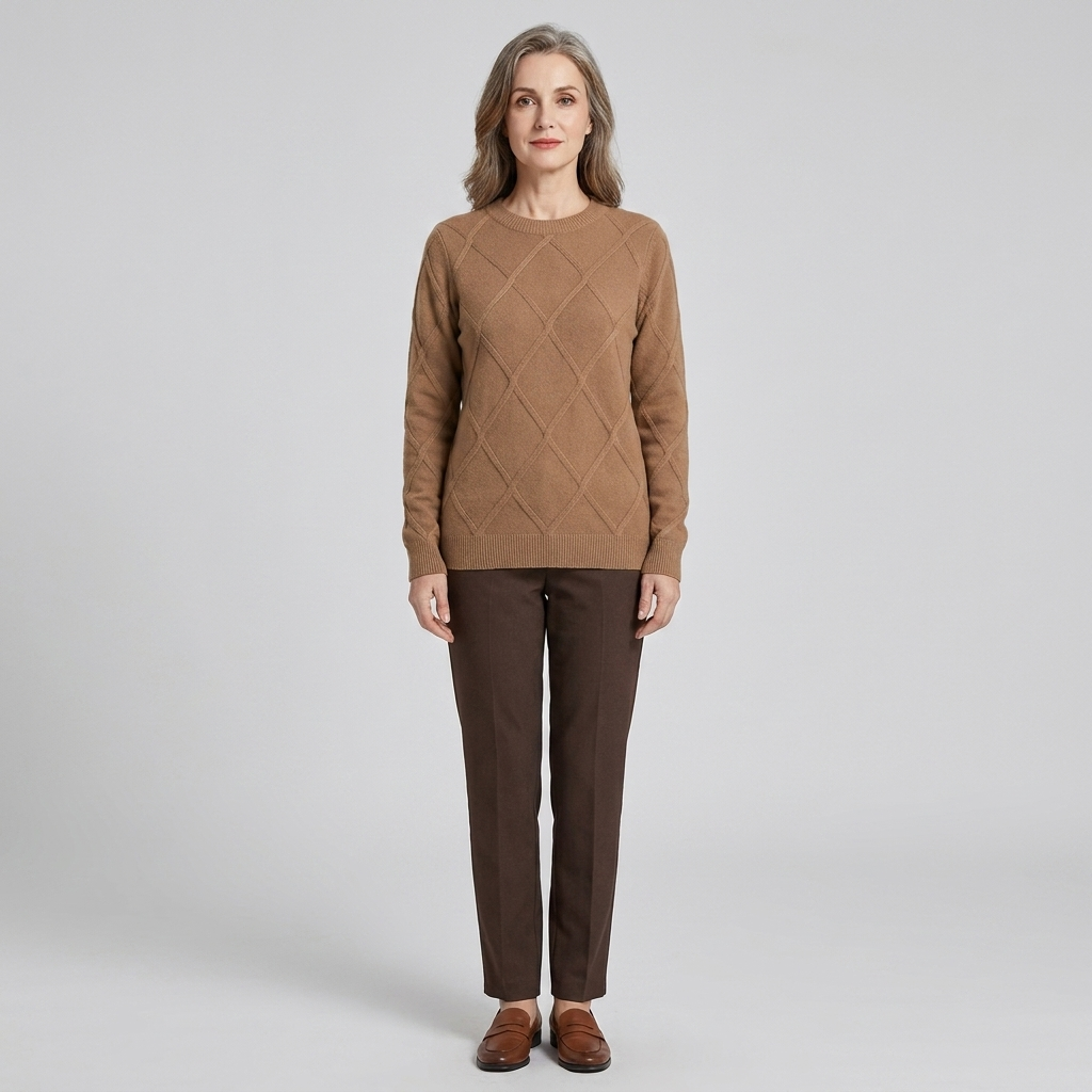 Brown round-neck cashmere-blend sweater, front view on model