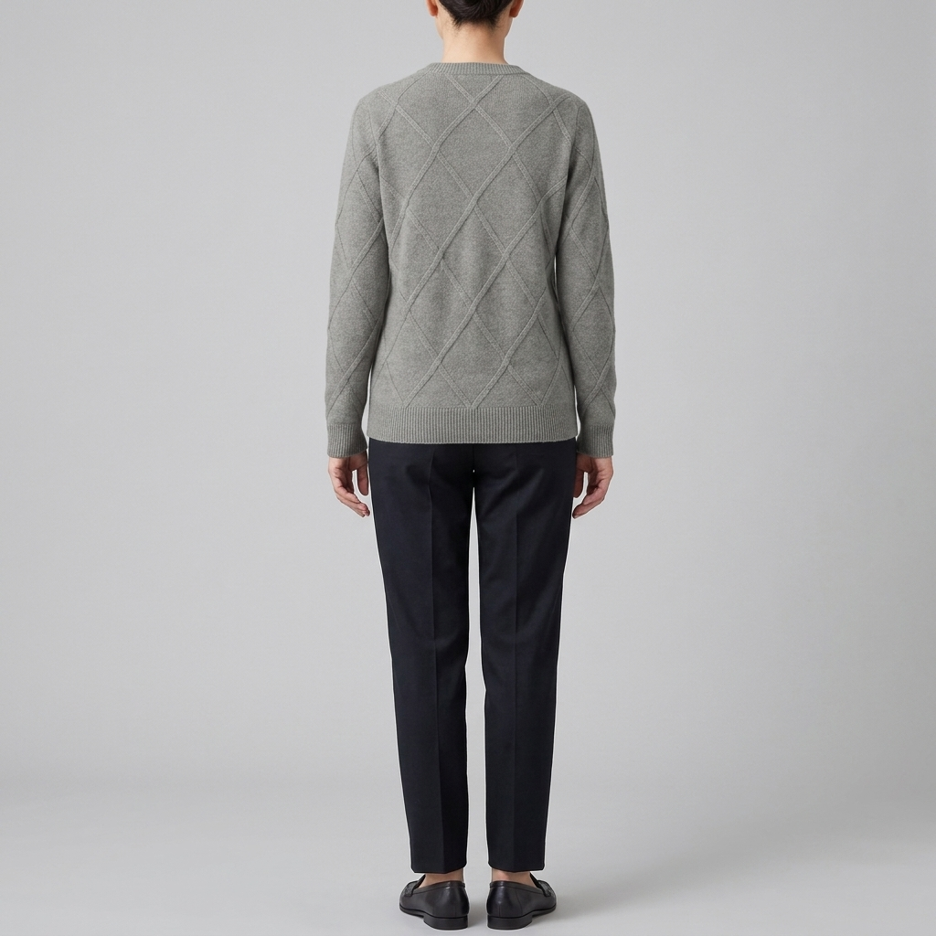 Grey round-neck cashmere-blend sweater, back view on model