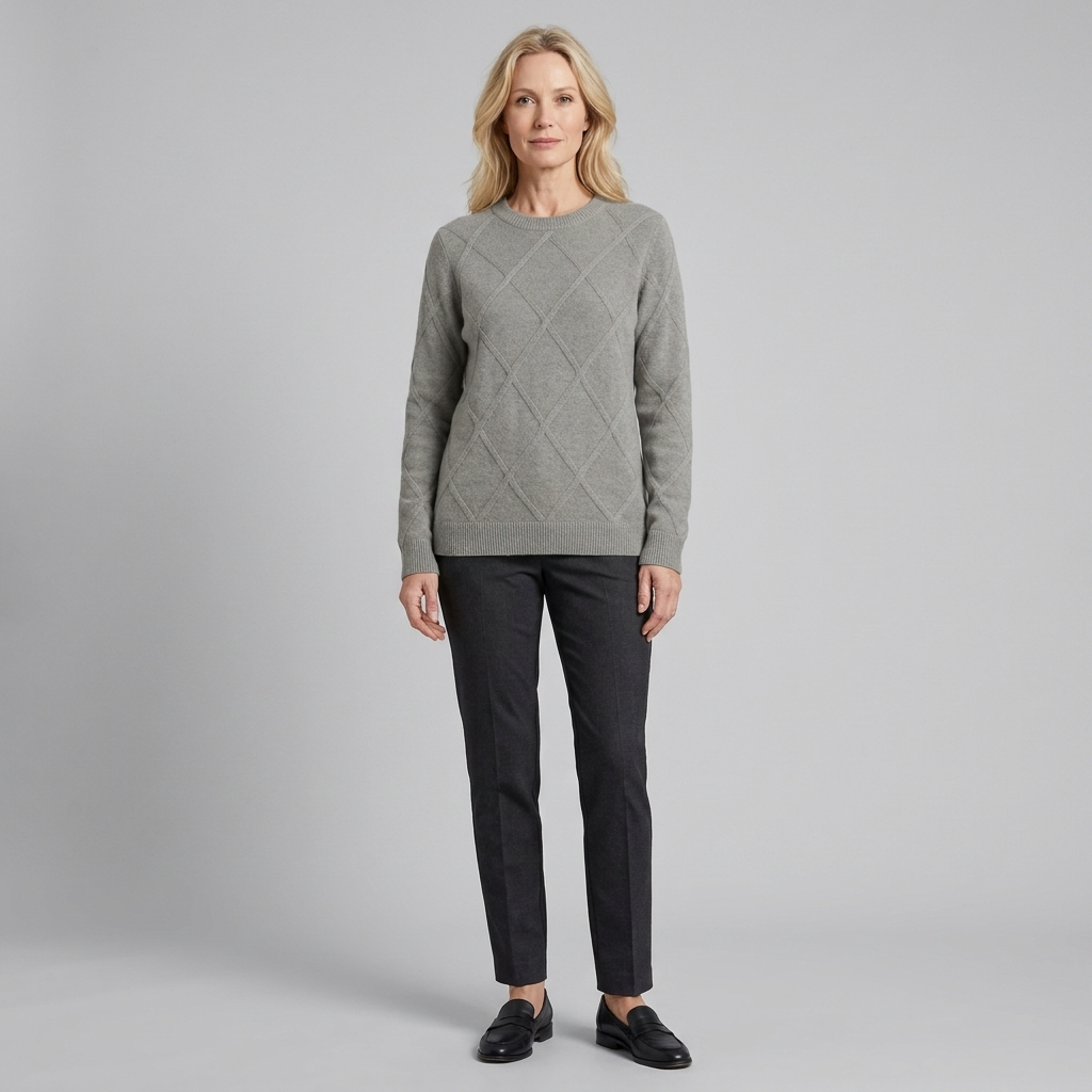 Grey round-neck cashmere-blend sweater, front view on model