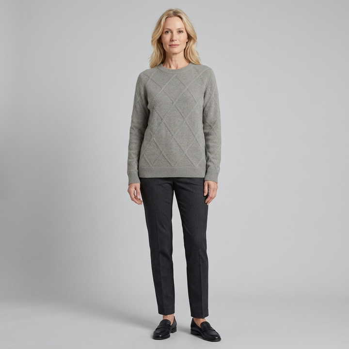 Grey round-neck cashmere-blend sweater, front view on model