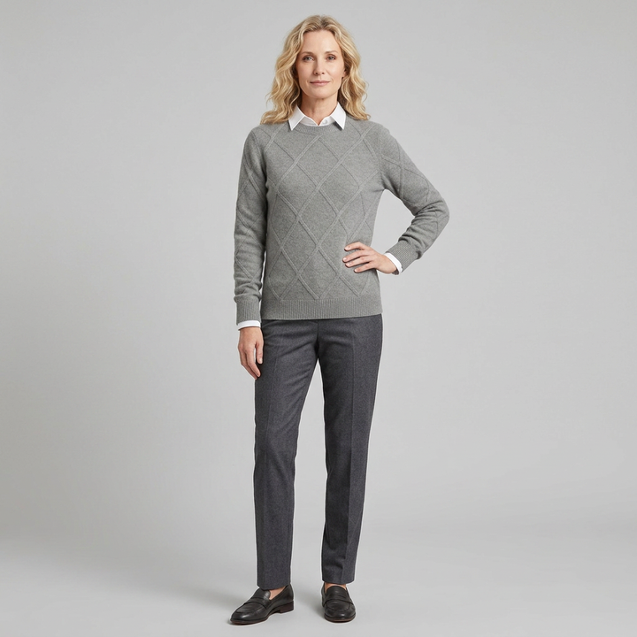 Grey round-neck cashmere-blend sweater, second front pose on model