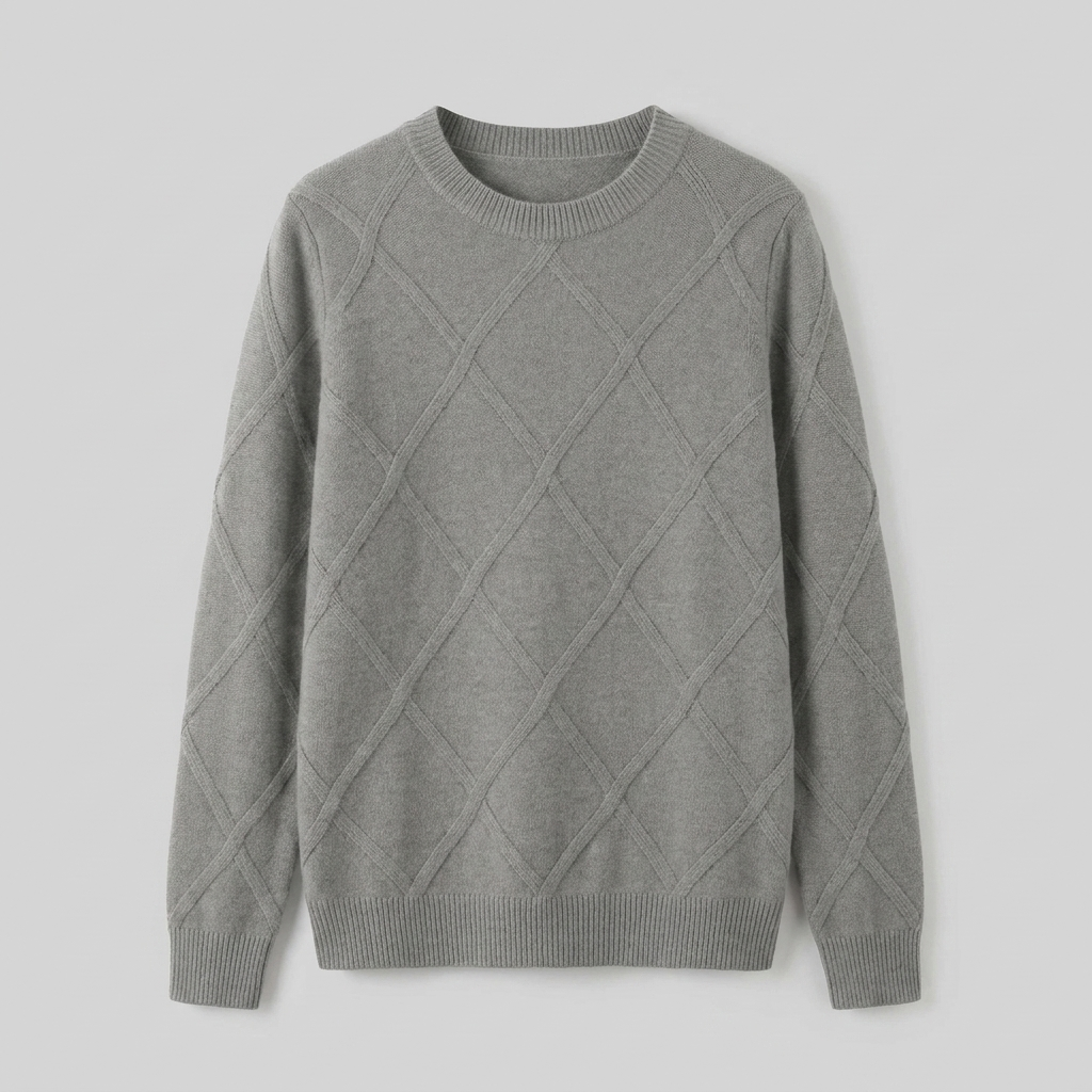 Grey round-neck cashmere-blend sweater laid flat