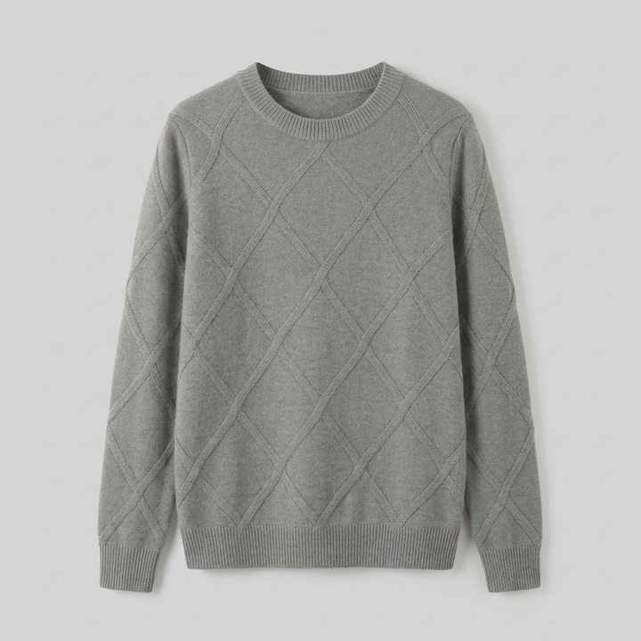 Grey round-neck cashmere-blend sweater laid flat