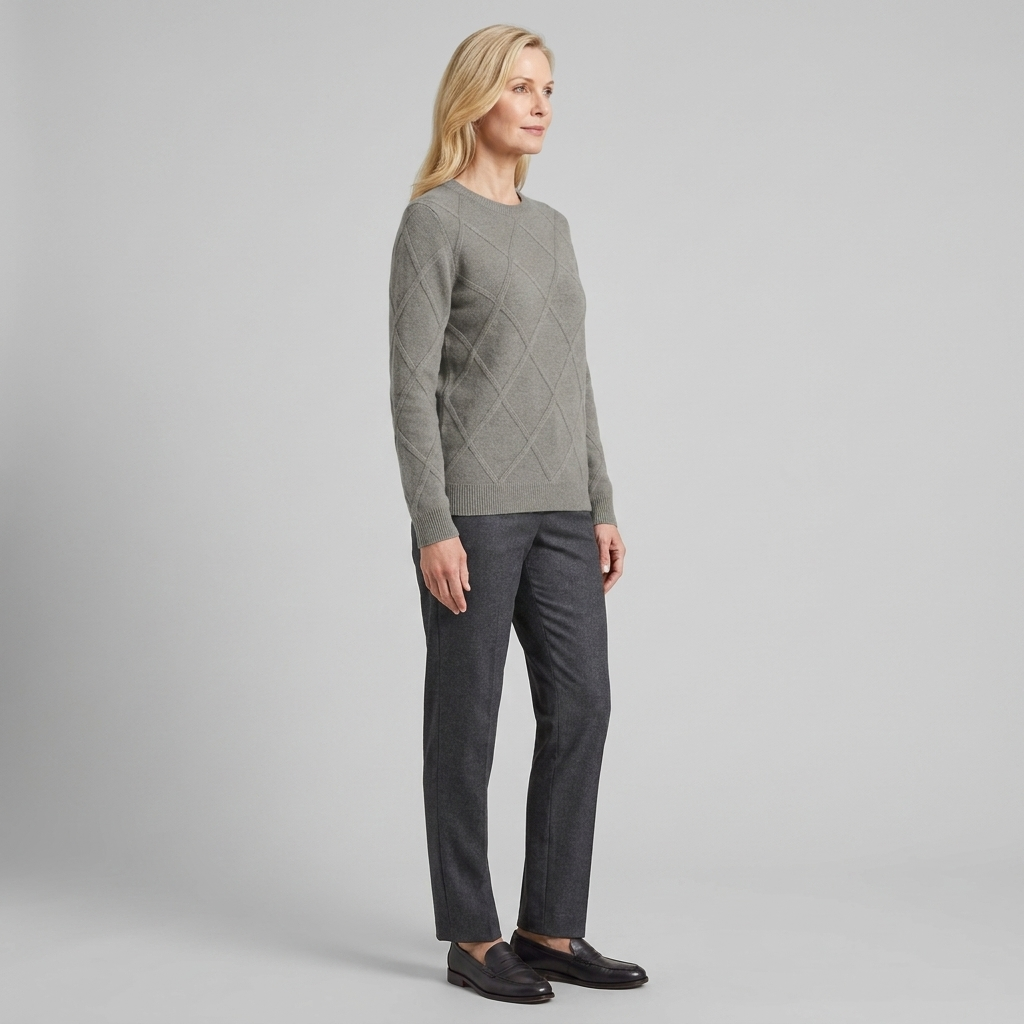 Grey round-neck cashmere-blend sweater, side view on model