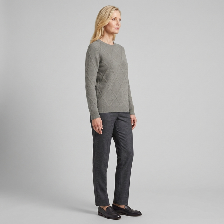 Grey round-neck cashmere-blend sweater, side view on model