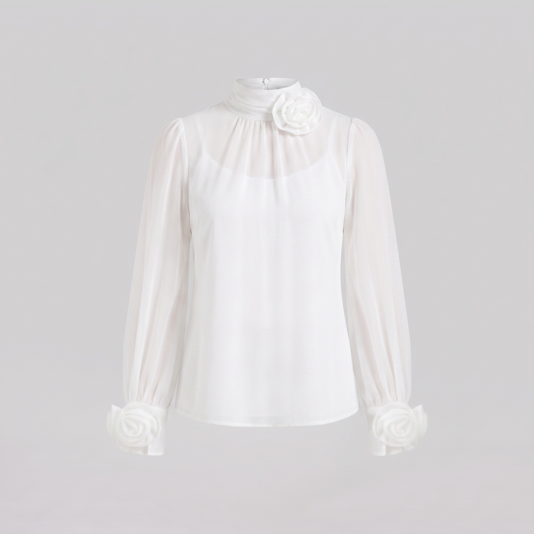 Bettina chiffon blouse with 3D rosettes, product flat lay