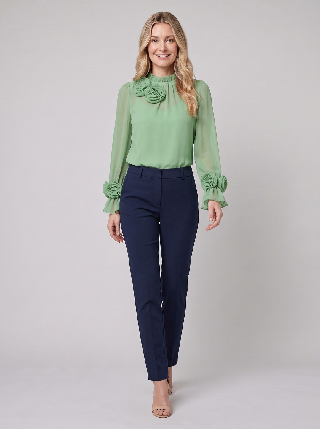 Bettina chiffon blouse with 3D rosettes, light green, on model