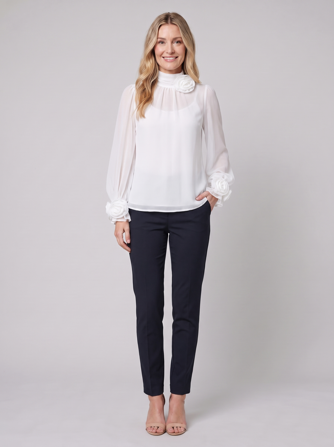 Bettina chiffon blouse with 3D rosettes, white, on model