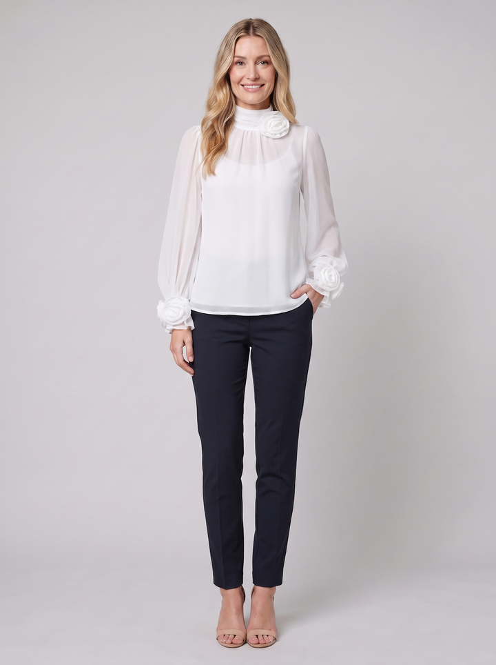 Bettina chiffon blouse with 3D rosettes, white, on model