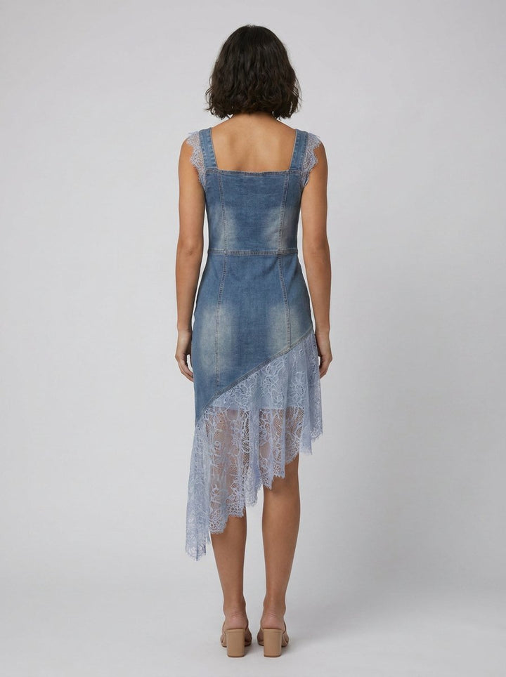 Blandine lace-trimmed denim midi dress back view