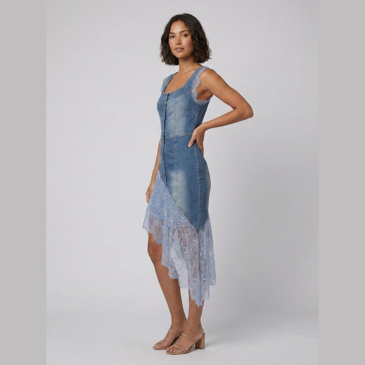 Blandine lace-trimmed denim midi dress side on model