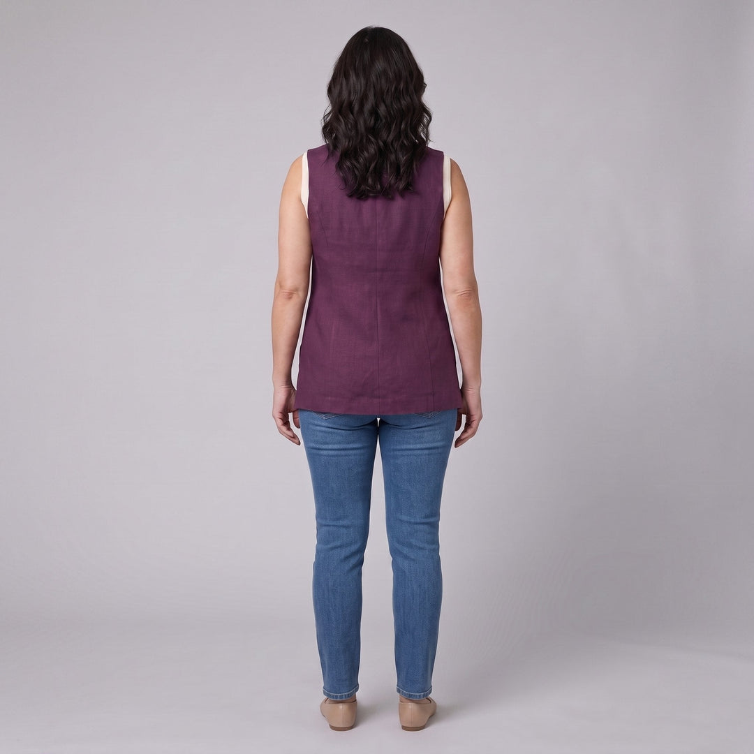 Blythe aubergine vest, back view on model