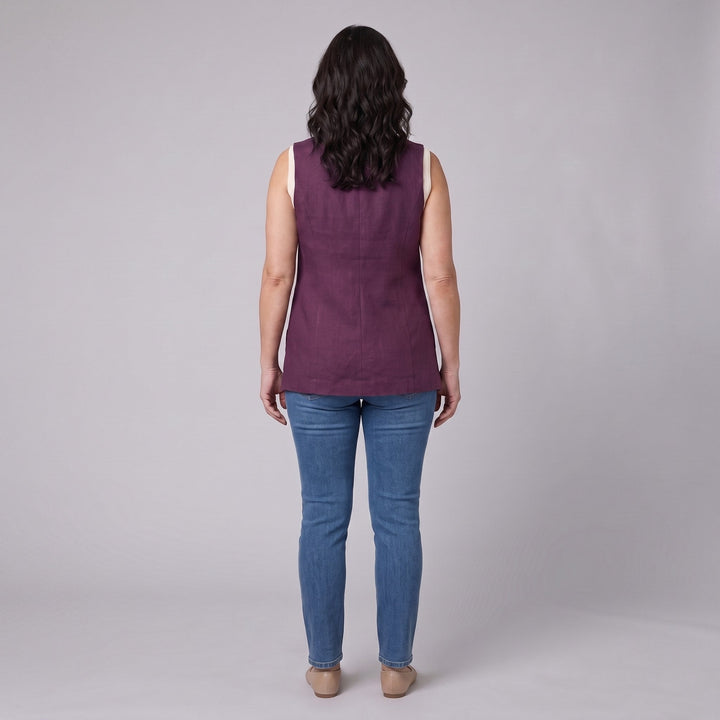 Blythe aubergine vest, back view on model