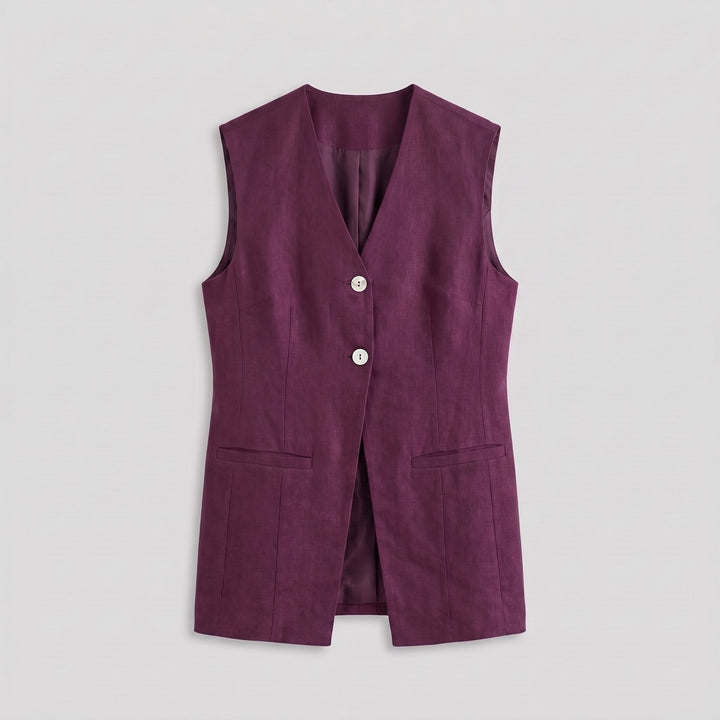 Blythe aubergine vest, product flat-lay