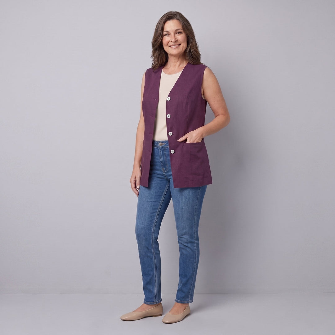 Blythe aubergine vest, front view, alternate pose