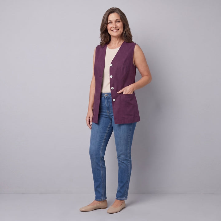 Blythe aubergine vest, front view, alternate pose
