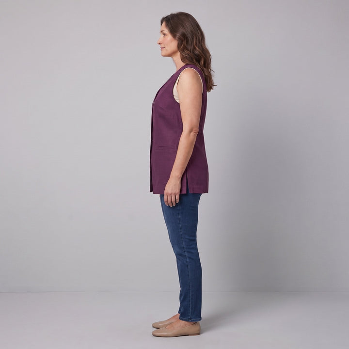 Blythe aubergine vest, side view on model