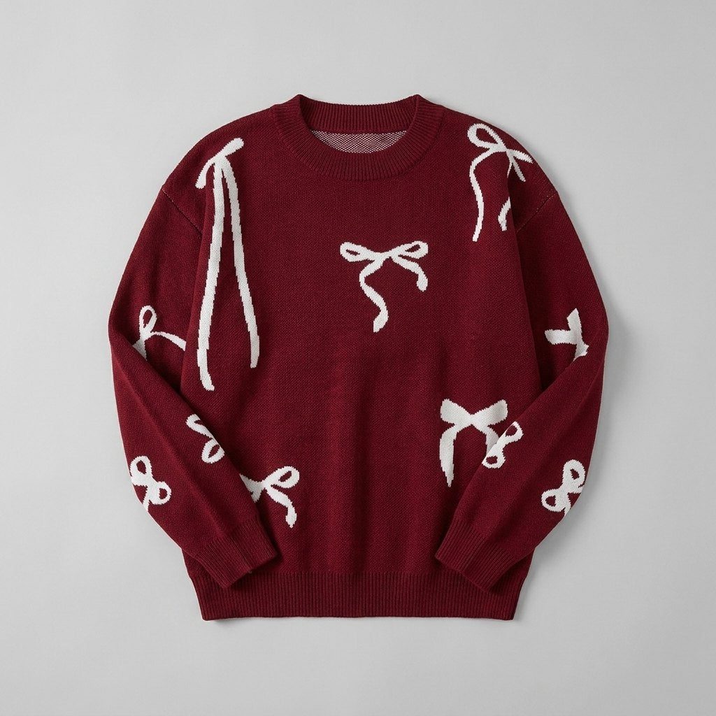 Bow jacquard pullover sweater product flat lay