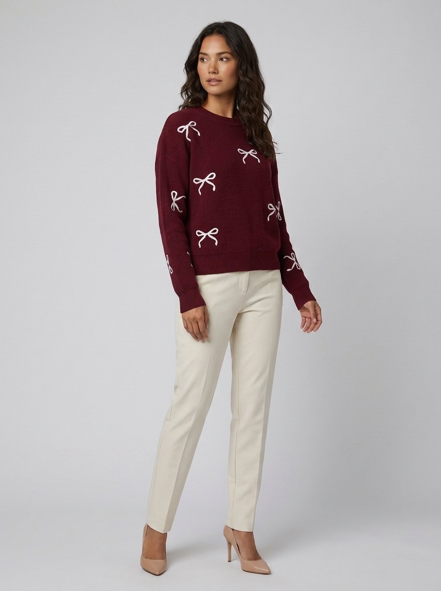 Bow jacquard pullover sweater red side pose