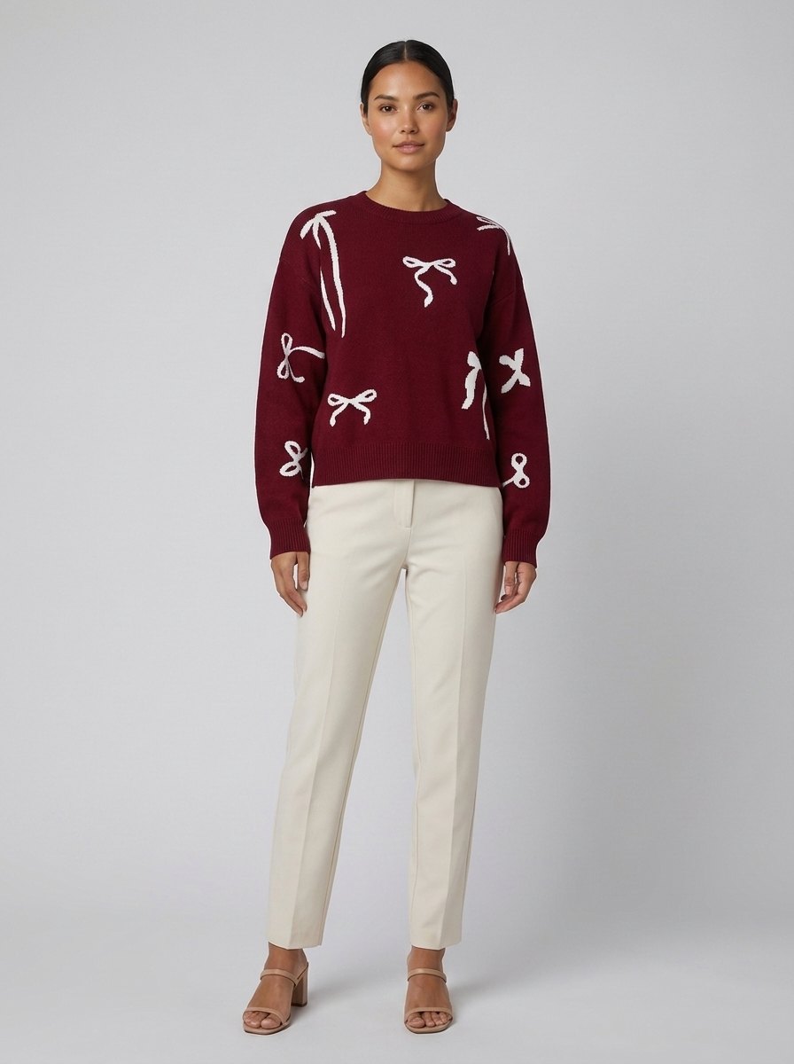 Bow jacquard bow-motif pullover sweater red front
