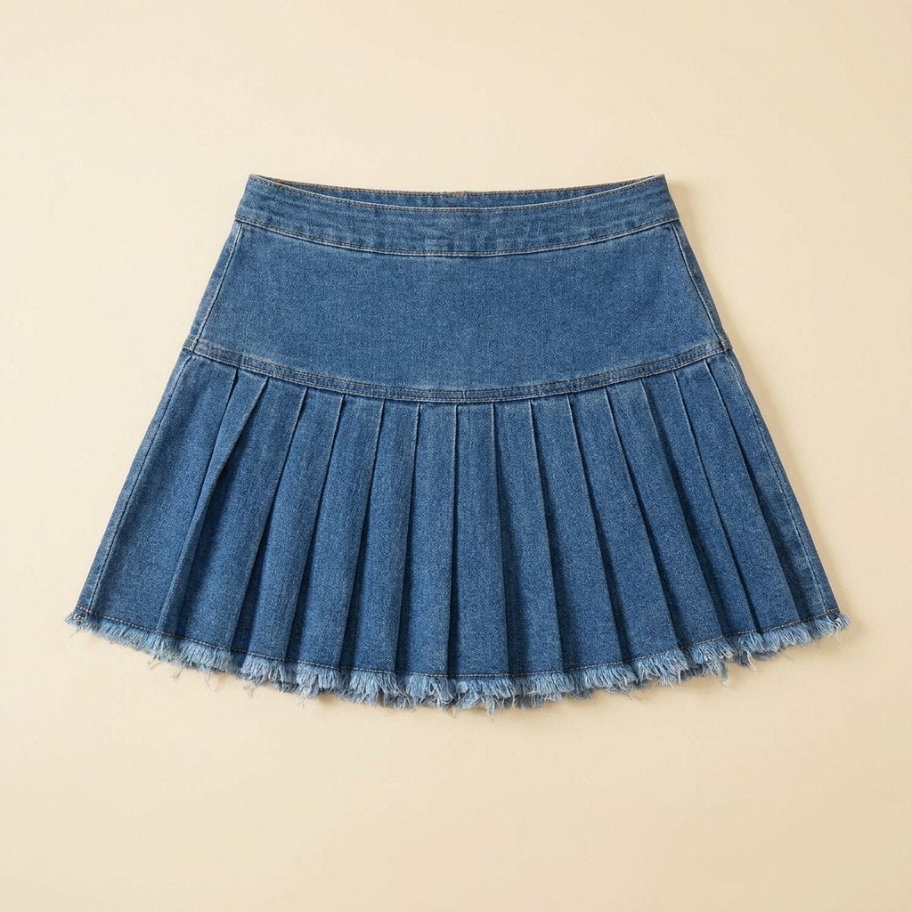 Breezy blue denim pleated A-line mini skirt flat lay