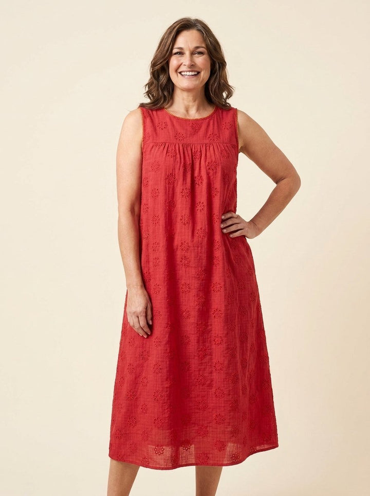 Brigitte sleeveless midi dress with side pockets in red, front view