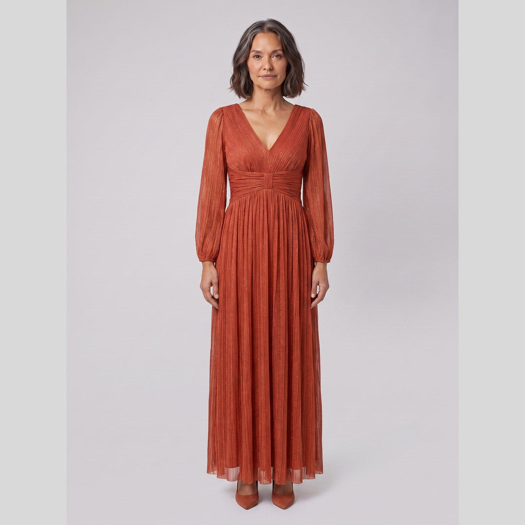 Burnt orange glittery sequin empire waist lantern sleeve evening dress - The store Vancouver