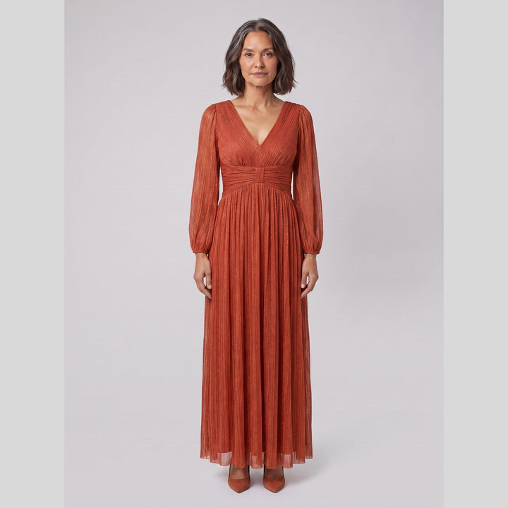 Burnt orange glittery sequin empire waist lantern sleeve evening dress - The store Vancouver