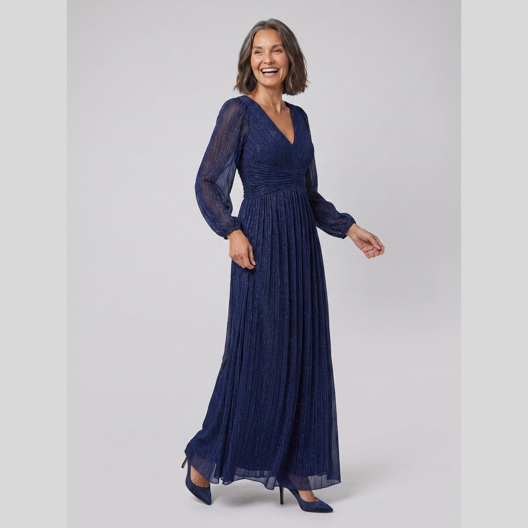 Navy blue glittery sequin empire waist lantern sleeve evening dress - The store Vancouver