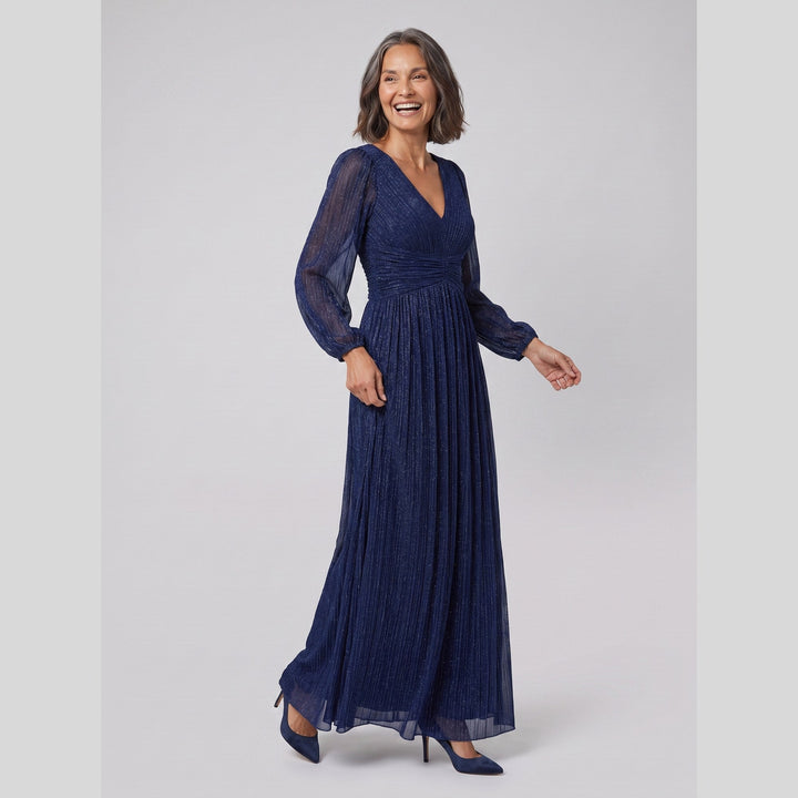 Navy blue glittery sequin empire waist lantern sleeve evening dress - The store Vancouver