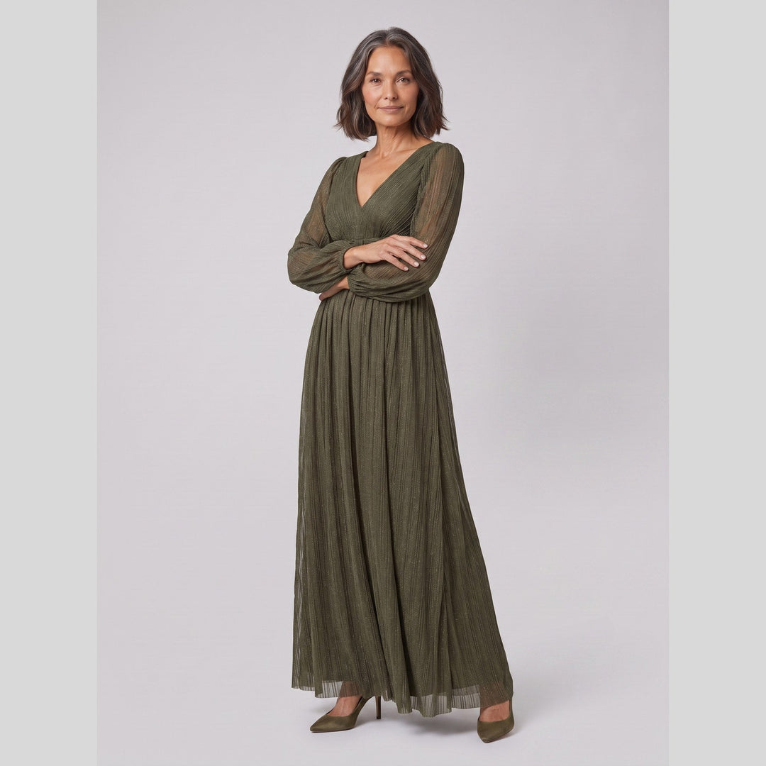 Olive green glittery sequin empire waist lantern sleeve evening dress - The store Vancouver