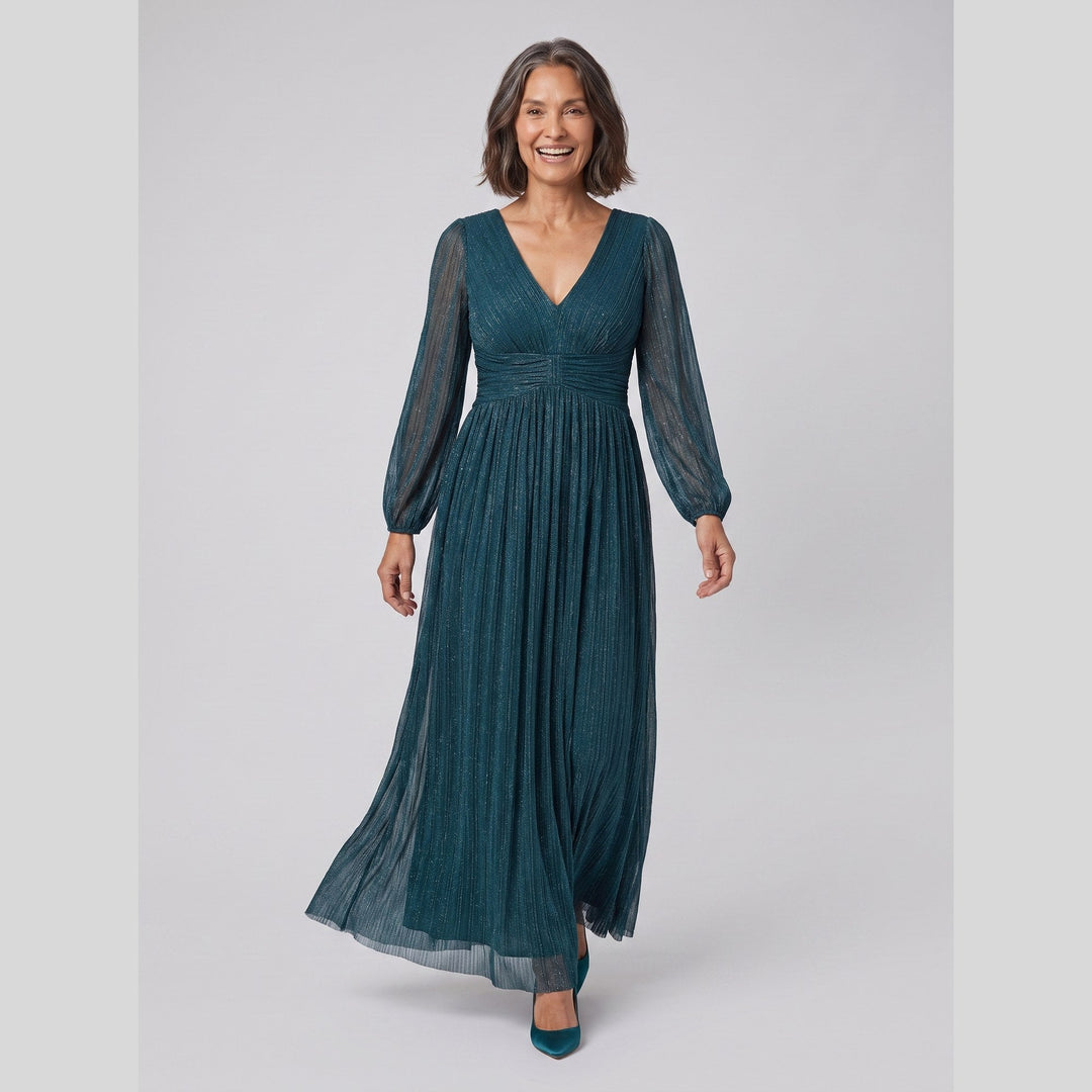 Teal glittery sequin empire waist lantern sleeve evening dress - The store Vancouver