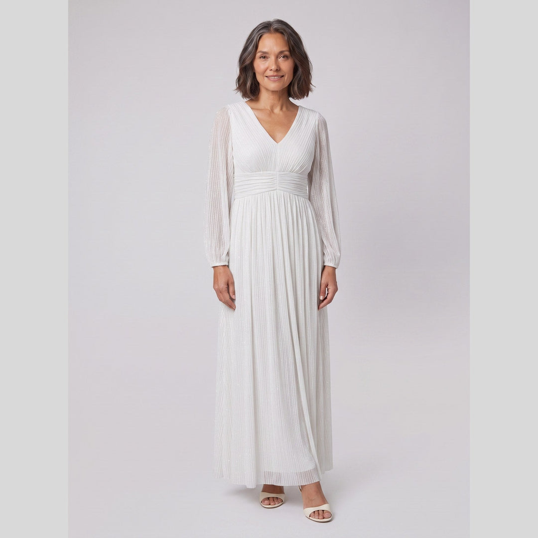White glittery sequin empire waist lantern sleeve evening dress - The store Vancouver