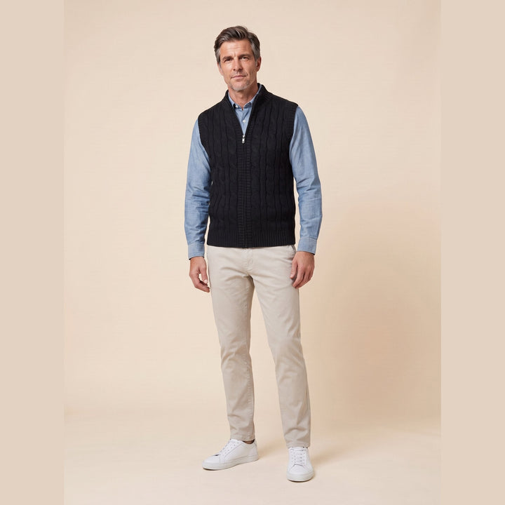 Men's cable knit sweater vest in black, front view