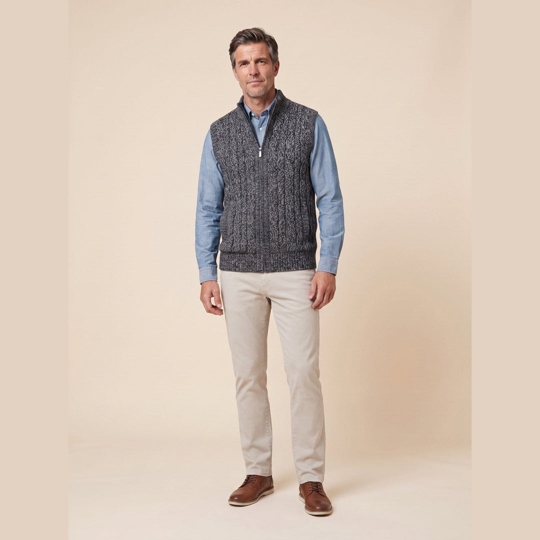 Men's cable knit sweater vest in dark gray, front view
