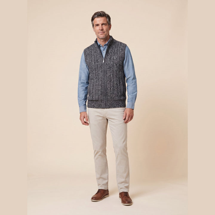 Men's cable knit sweater vest in dark gray, front view