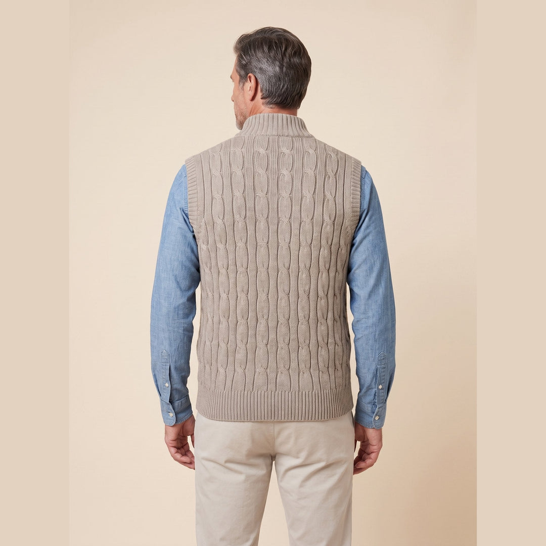 Men's cable knit sweater vest in khaki, back view