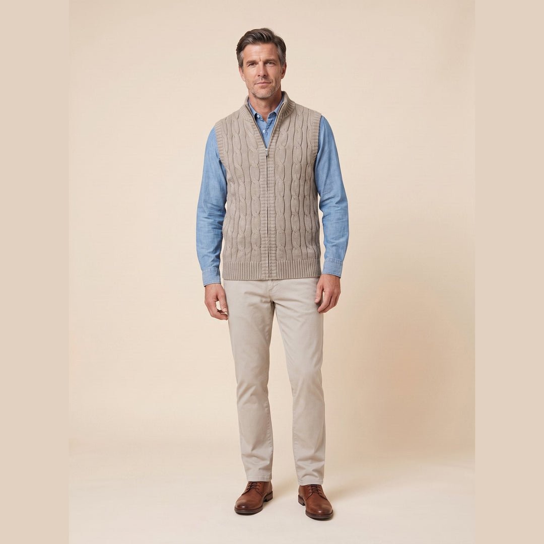Men's cable knit sweater vest in khaki, front view